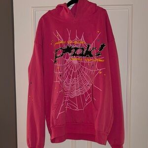 Sp5der Pink Graphic Hooded Long Sleeve Tee